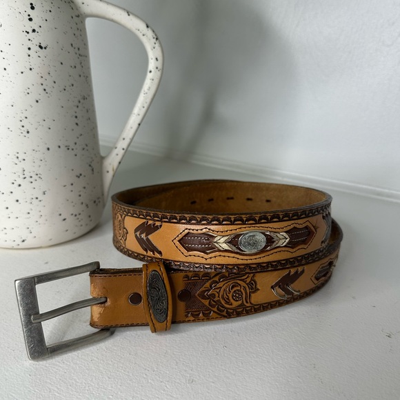 Nocona Other - Nocona Intricate Inlay Tooled Design and Concho Brown Leather Belt Size 40